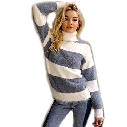 Crazy4Bling Blue Grey Striped Color Block Turtleneck Pullover Sweater, Medi