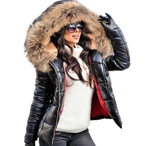 Aofur Womens Ladies Quilted Winter Coat Fur Collar Hooded Down Jacket Parka