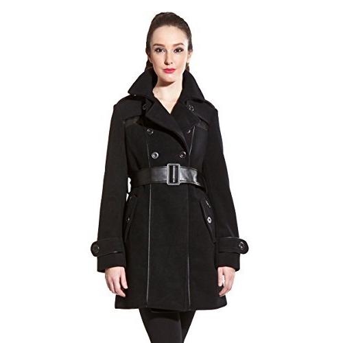 Zareen Women Wool Trench Coat with Leather Details (S, Black)並行輸入品　送料無料