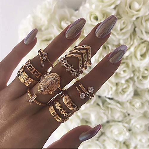 Woent 13 Pcs Concise Pattern Joint Ring Gold Crystal Leav Knuckle Finger Ri｜ysysstore
