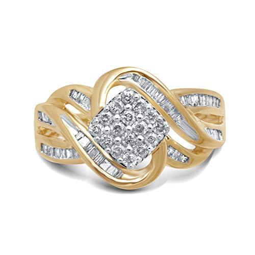 Jewelili 10k Yellow Gold 1/2 Cttw Baguette and Round Natural White