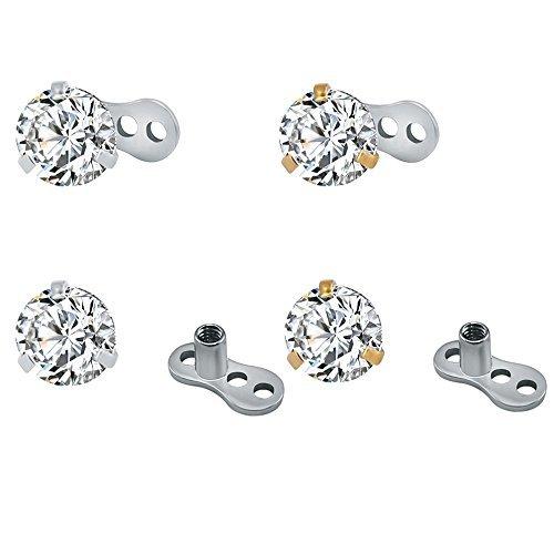 ZS 4Pcs 14g Surgical Steel Round Cubic Zirconia Dermal Anchor Tops and Base