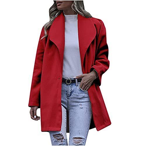 Womens Lapel Woolen Coat Casual Lightweight Wool Blend Trench Jacket Button