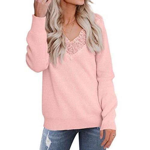 PrinStory Women’s Pullover Sweater Fall Lace V Neck Knit Tops Casual Soft L