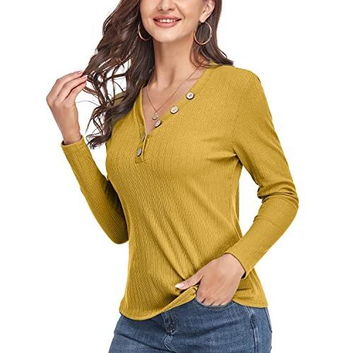 CARCOS Women Ribbed Sweater Solid Henley Neck Knit Tops Casual Sweater(Yell