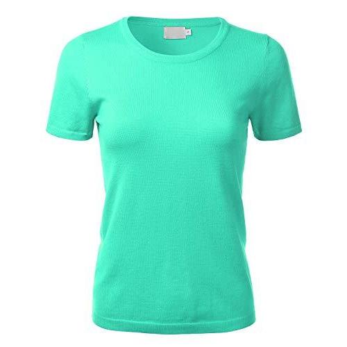 FLORIA Women's Soft Basic Crew Neck Pullover Short Sleeve Knit Sweater Mint｜ysysstore