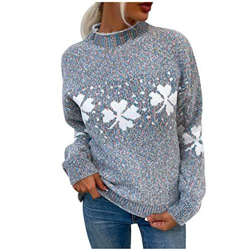 Women´s Sweater Casual Crew Neck Fluffy Knit Sweater Comfy Loose Snowflake