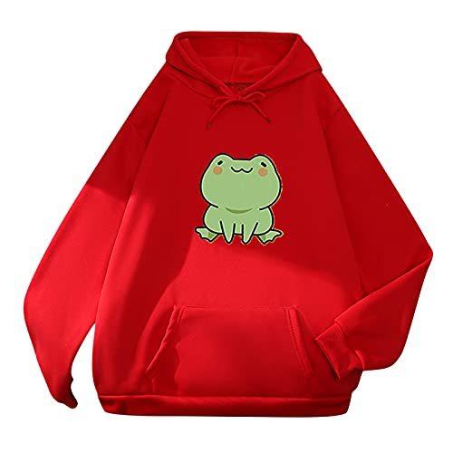 WENYUAA Kawaii Hoodie for Women Drawstring Frog Printed Cartoon Sweatshirt