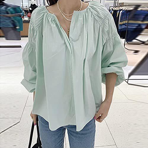 LSDJGDDE Puff Long Sleeve Women Blouse Neck Pleated Fold Loose Tops Solid A
