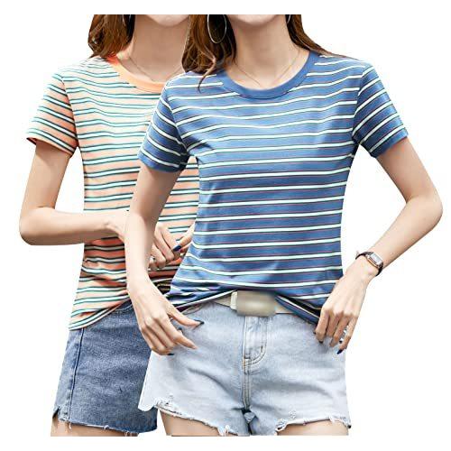 DOVWOER Women's 2-Pack Casual Striped Tee Short Sleeve Solid Crewneck T-Shi