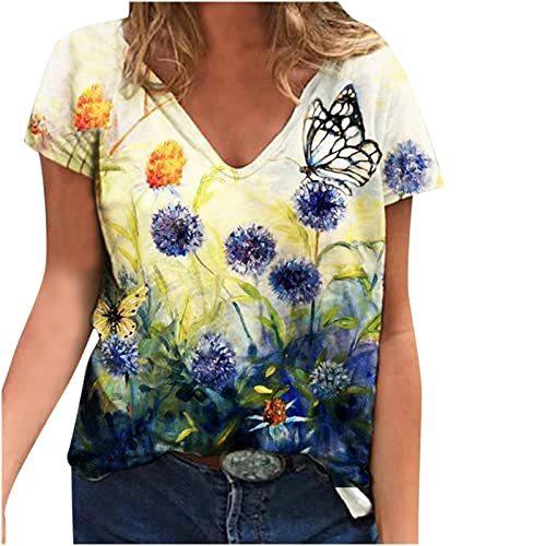 Beige Womens Summer Fall V Neck Tops Graphic Casual Trendy Short Sleeve Top｜ysysstore