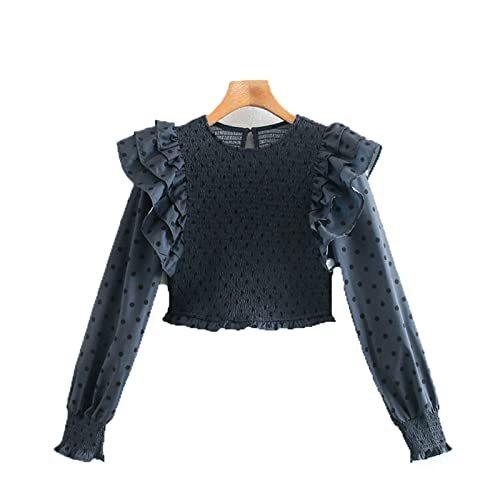 T-Shirt Long-Sleeved Ruffled Elastic T Short Slim Top gray M並行輸入品　送料無料