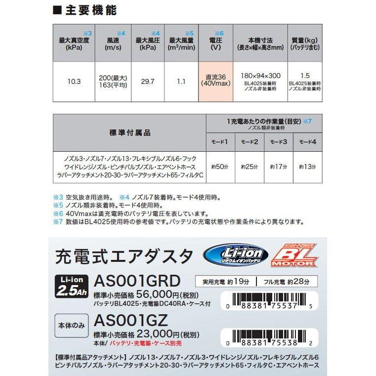 マキタ 40Vmax 充電式エアダスタ AS001GRD 2.5Ahバッテリ・充電 マキタ 40Vmax 充電式エアダスタ AS001GRD 2.5Ahバッテリ・充電