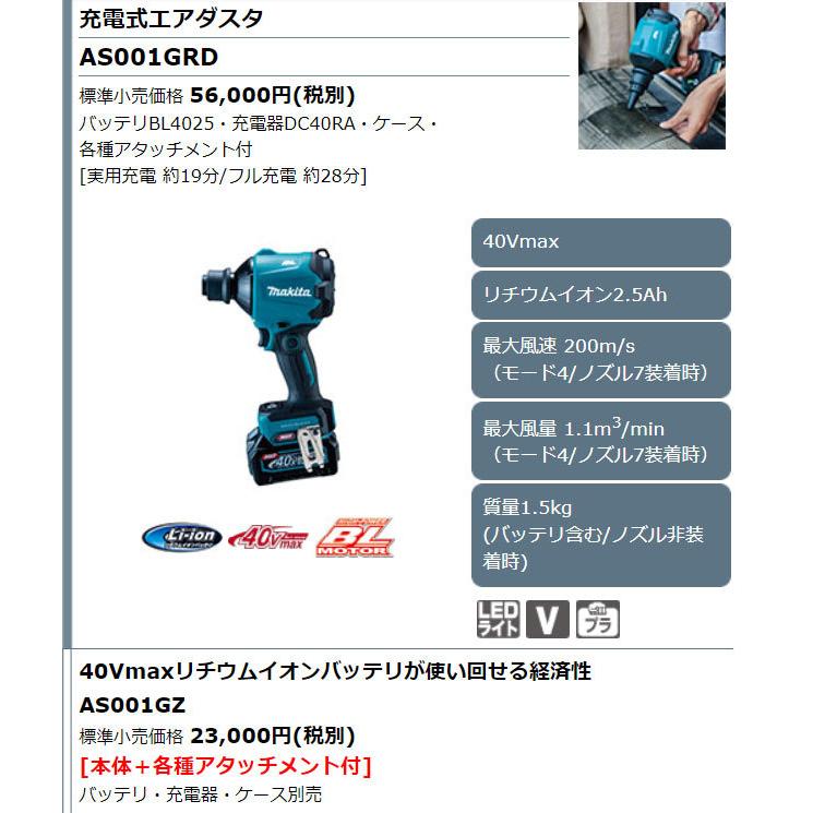 マキタ 40V 充電式エアダスタ AS001GZ 本体のみ、ケース付き マキタ 40V 充電式エアダスタ AS001GZ 本体のみ、ケース付き