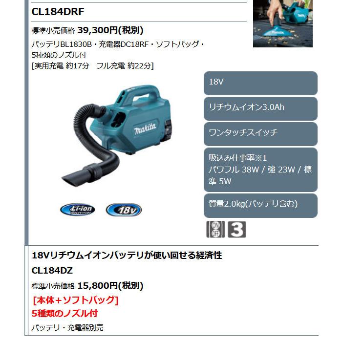 マキタ 18V 掃除機 CL184DRF 充電式クリーナー 紙パック式 3.0Ah マキタ 18V 掃除機 CL184DRF 充電式クリーナー 紙パック式 3.0Ah