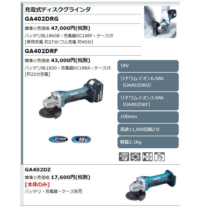 マキタ 18V 充電式ディスクグラインダ GA402DRG 6.0Ahバッテリ マキタ 18V 充電式ディスクグラインダ GA402DRG 6.0Ahバッテリ
