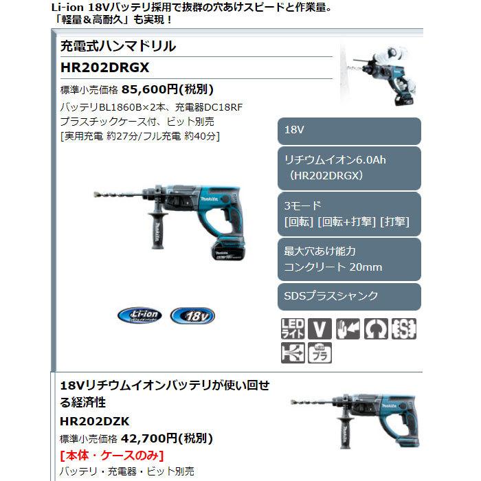 マキタ 18V 充電式ハンマドリル HR202DRGX 20mm SDSプラス 6.0Ah マキタ 18V 充電式ハンマドリル HR202DRGX 20mm SDSプラス 6.0Ah