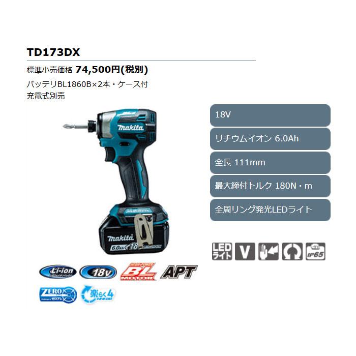 マキタ 18V 充電式インパクトドライバ TD173DX 青 6.0Ahバッテリ2個・ケース付/※充電器不付｜ytc-global｜07