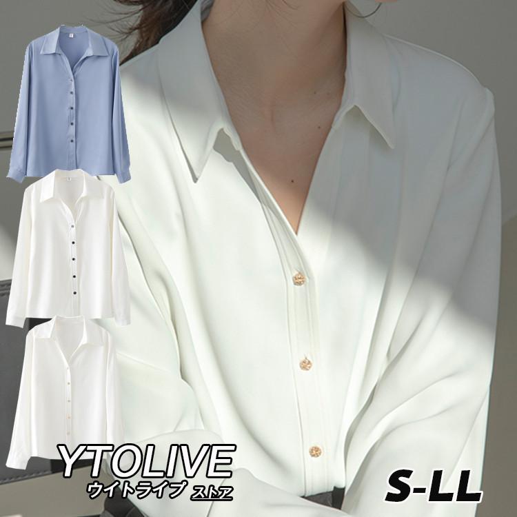 シャツ ブラウス 長袖 スキッパー 襟付き トップス 白ブラウス サテン感 レディース Yto Ytolive 通販 Yahoo ショッピング