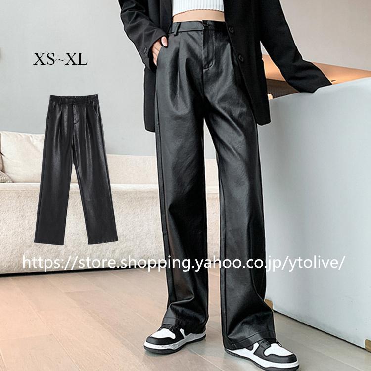レビューを書けば送料当店負担 パンツ 秋 秋服 レディース ボトムス ウエストゴム フェイクレザー ワイドパンツ ガウチョ レザーパンツ ストレート