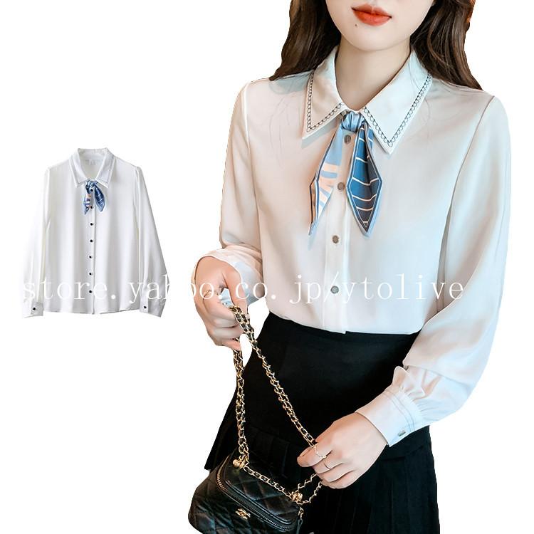 ブラウス スカーフ付き レディース トップス シャツ 白シャツ 白ブラウス 長袖 レギュラーカラー 大きいサイズ 2way シャツブラウス 正式的