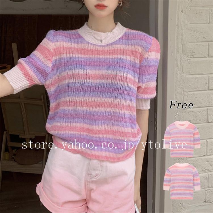 サマーニット レディース トップス ボーダー 縞柄 透け感 薄地 半袖 バンドカラー カジュアル 夏 コーデ Tr