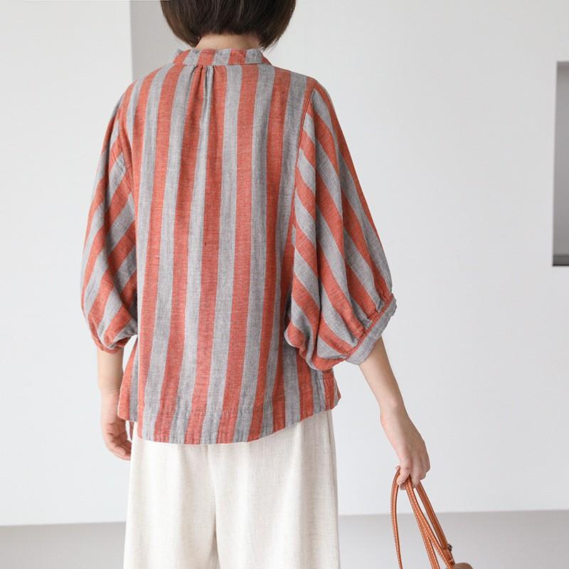 リネンシャツ 綿麻シャツ 半袖シャツ レディース ストライプ スタンドカラー ゆったり 秋新作 リネンシャツ レトロ グリーン オレンジ ネイビー Lzfs0099 ニコル2 通販 Yahoo ショッピング