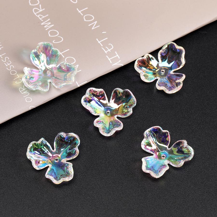 アクリルパーツ フラワー 3弁花 穴あり 26×26mm オーロラクリア（4ヶ