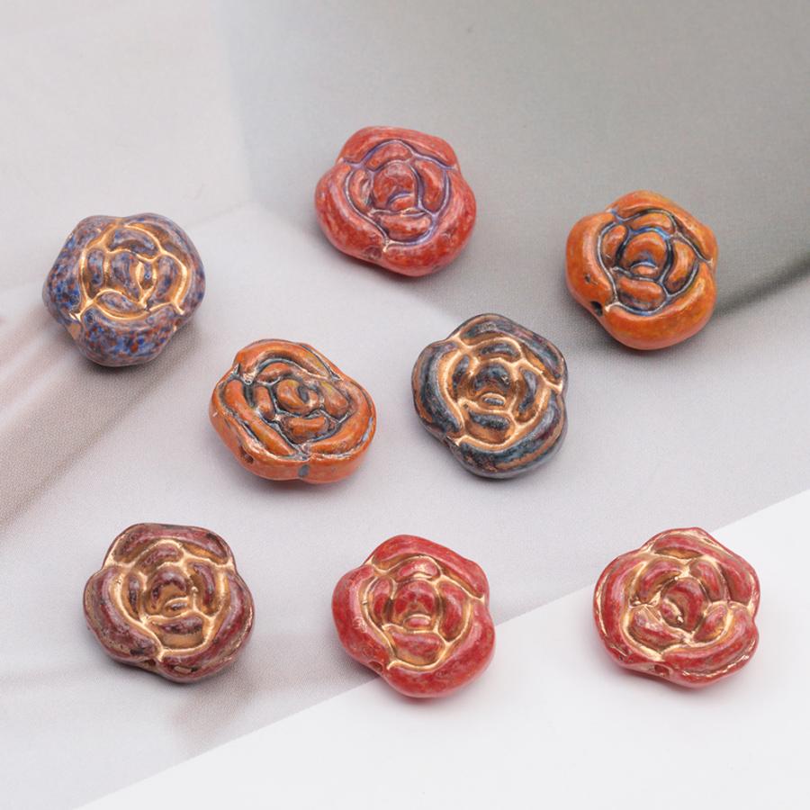 チェコ調ガラスビーズ バラ 薔薇 花形 フラワービーズ チェコガラス風