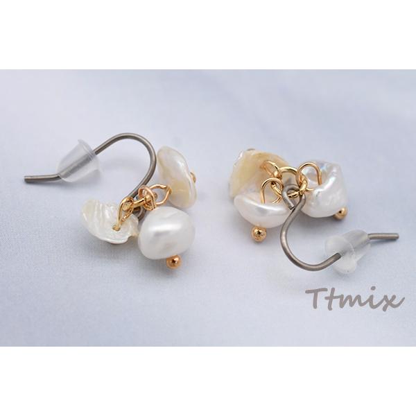 淡水パールピアス/ノンホールピアス 樹脂イヤリング 3連【1ペア 