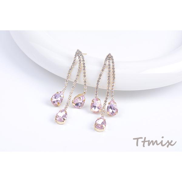 デザインピアス ガラスラインストーン付き チェーンタッセル しずく型