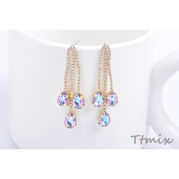 GLASSE 18Kピアス デザインピアス ガラスラインストーン付き チェーンタッセル しずく型