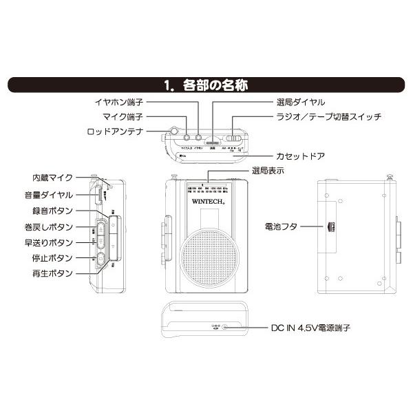 カセットテープレコーダー PCT-02RM マイク内蔵/マイク端子(外部ミニ