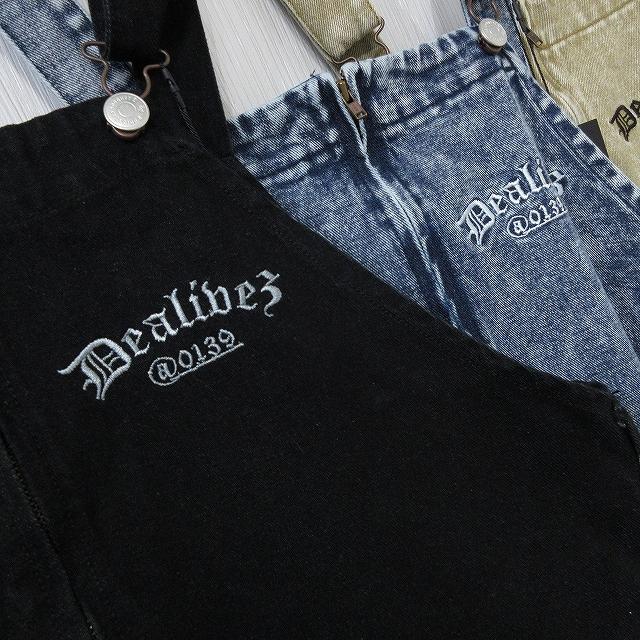 Dealivez BlackLetter.ロゴ刺繍 デニム オーバーロール デッキサロペ