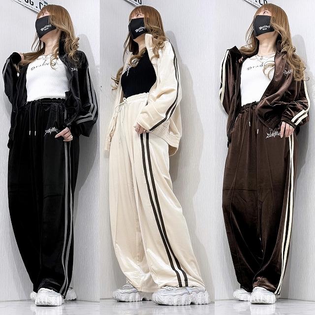 SET UP 上下セット 上品ベロア 刺繍＆Sideライン 立襟ZIP