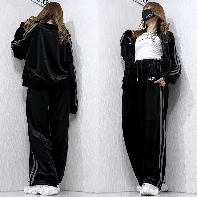 SET UP 上下セット 上品ベロア 刺繍＆Sideライン 立襟ZIP