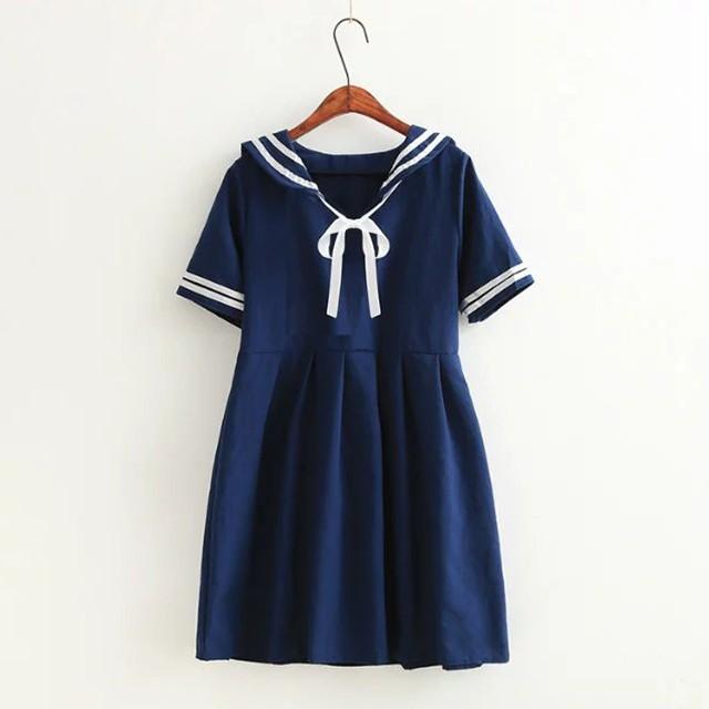 森ガール ワンピース セーラー襟 セーラー風 半袖 ワンピ リボン 学生 制服 春 セーラーワンピース 夏 白ライン Aライン ひざ丈 Mon078 Yuhin 通販 Yahoo ショッピング