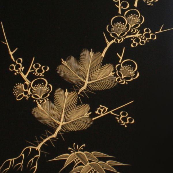 漆器 切手盆 金色装飾 切手盆(越前塗)木製 漆塗り 漆器 沈金(金彩松竹梅) 9号(9寸)横