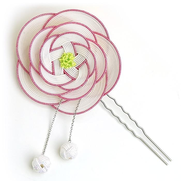 ha0016 水引かんざし（大） 椿の水引細工の髪飾り 白 あわじ玉付き