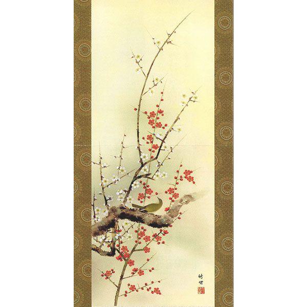 掛軸 (掛け軸) 春用 四季花鳥 紅白梅に鶯 田村竹世 尺五立 約横54.5×縦