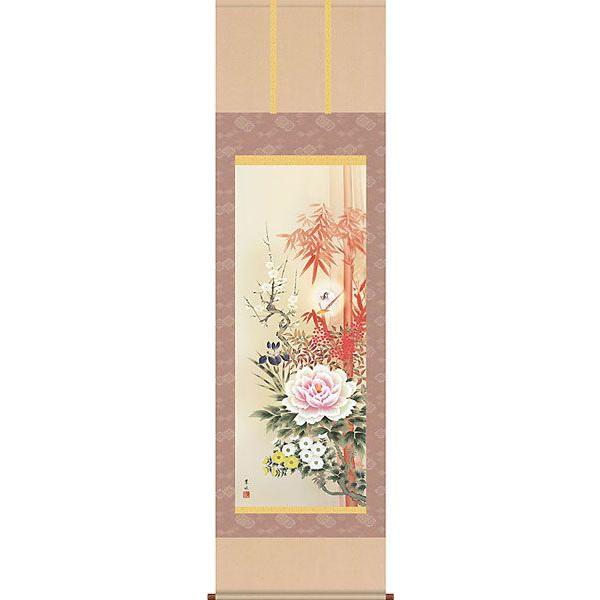 【真作】掛軸　四季花　豪華絢爛な花咲く吉祥掛軸　花の宴　共箱入　T156 掛軸 (掛け軸) 四季花吉祥競艶図 緒方葉水 （尺五立・桐箱入り）約横
