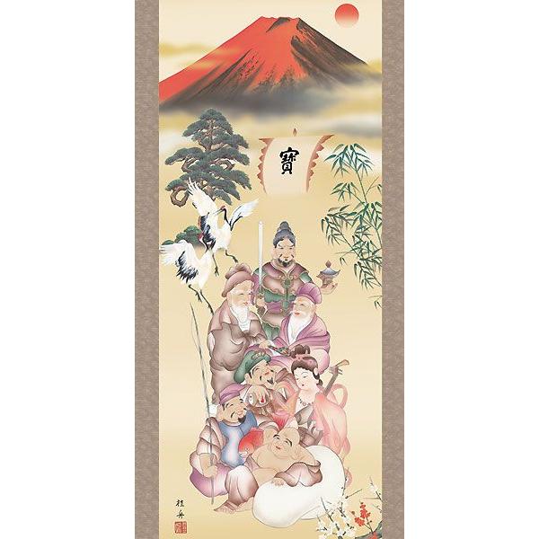 (掛け軸) 吉祥七福降臨図 長江桂舟 （尺五立・紙箱入り）約横54.5×縦190cm d7113 開運 縁起 吉祥 招福 お祝い 御祝 贈答 贈り物 【満堂】