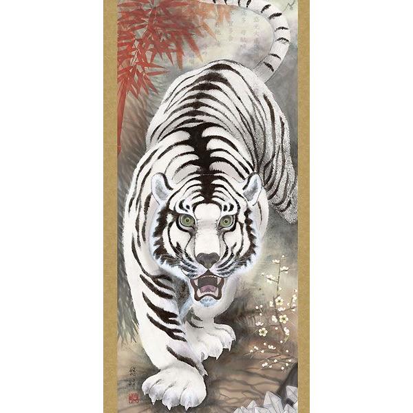 掛軸 (掛け軸) 消災白虎朱竹之図 加納悠峰 （尺三立・紙箱入り