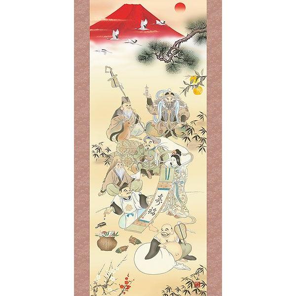 掛軸 (掛け軸) 開運七福招来図 江本修山（尺五立・紙箱入り）約横54.5