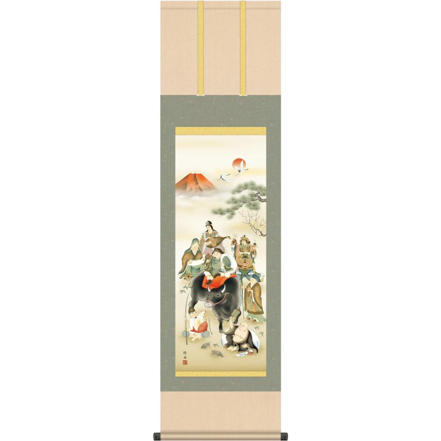 掛軸 (掛け軸) 2021年干支 七福吉祥牛図 長江桂舟（尺五立・桐箱入り