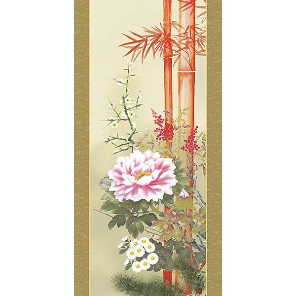 掛軸 (掛け軸) 年中掛け 吉祥名花 幸田薫風 尺五立 約横54.5cm×縦190cm d8402 年中掛 年中掛け 花鳥 梅 竹 菊 蘭 吉祥 開運 新築 落成の画像