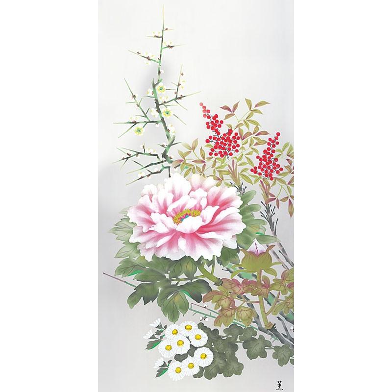 掛軸 (掛け軸) 年中掛け 四季花 幸田薫風 尺五立 約横54.5cm×縦190cm d8604 年中掛 年中掛け 花鳥 吉祥 開運 新築 落成 贈答 贈り物の画像
