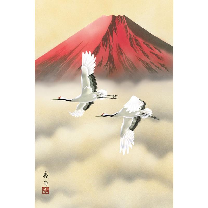 掛軸 (掛け軸) 赤富士双鶴 伊藤香旬 尺五あんどん 約横54.5×縦140cm