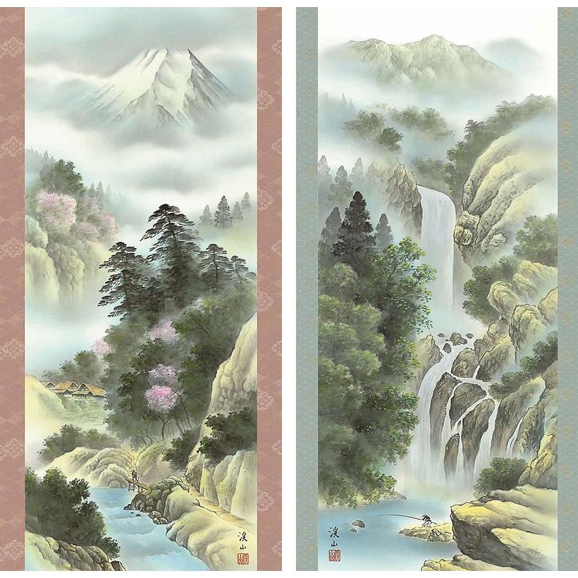 山水画 掛軸 青とグレー 掛軸 (掛け軸) 四季賞翫 お得な4本セット 伊藤渓山 尺五立 約横