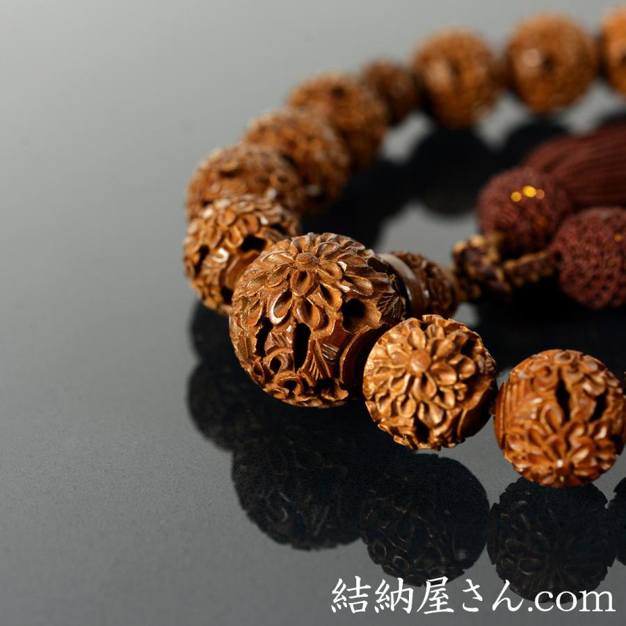 数珠 念珠 つげ菊彫共仕立 正絹頭付房（桐箱付）（略式数珠（男性用